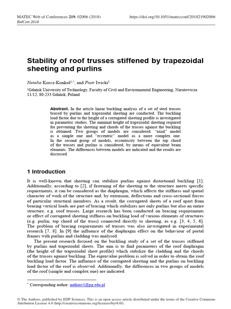 Stability of Roof Trusses Stiffened by Trapezoidal Sheeting and Purlins ...