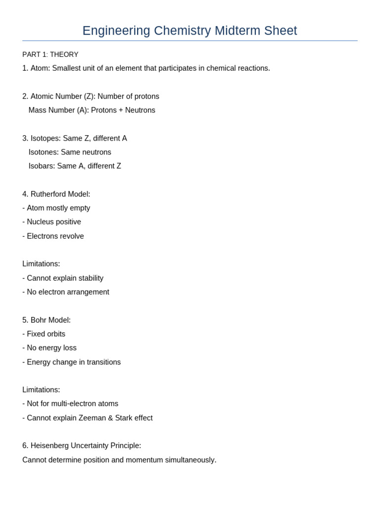 Engineering Chemistry Midterm Sheet | PDF