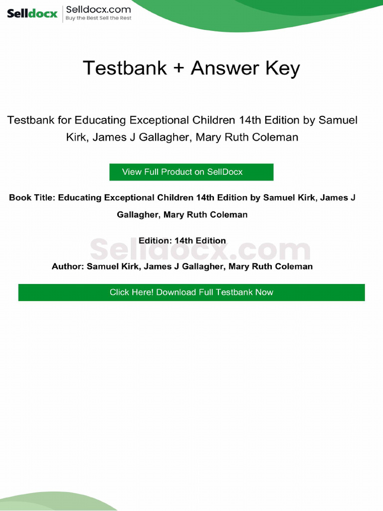 Testbank for Educating Exceptional Children 14th Edition by Samuel Kirk ...