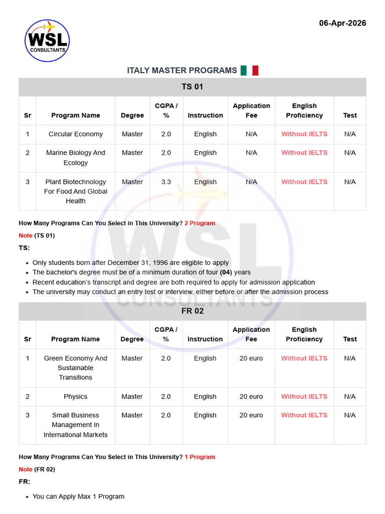Italy Master Programs (06!04!2026) | PDF | International English ...