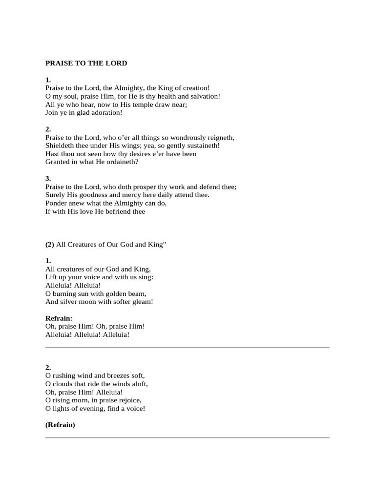 Praise To The Lord | PDF | God In Christianity | Glory (Religion)