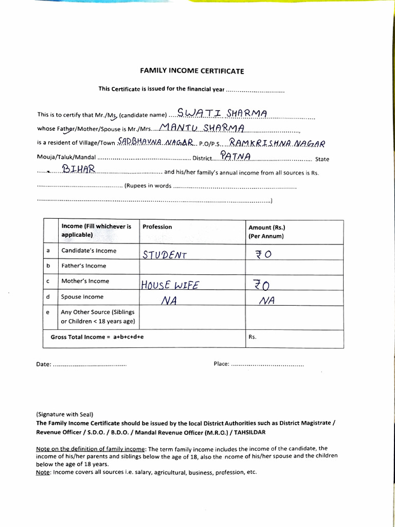 Family Income Certificate | PDF
