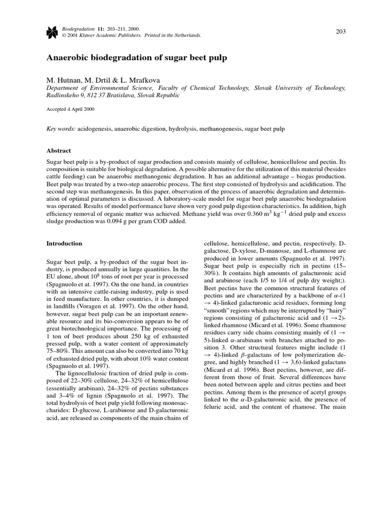 Anaerobic Biodegradation of Sugar Beet Pulp | PDF | Anaerobic Digestion ...
