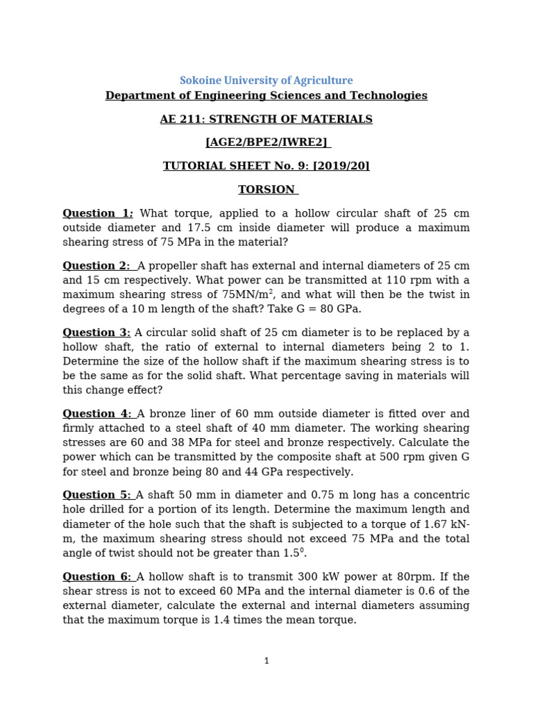 AE211 Tutorial Sheet No. 9 TORSION Dec 2019 [AGE2, BPE2, IWRE2 - 3rd ...