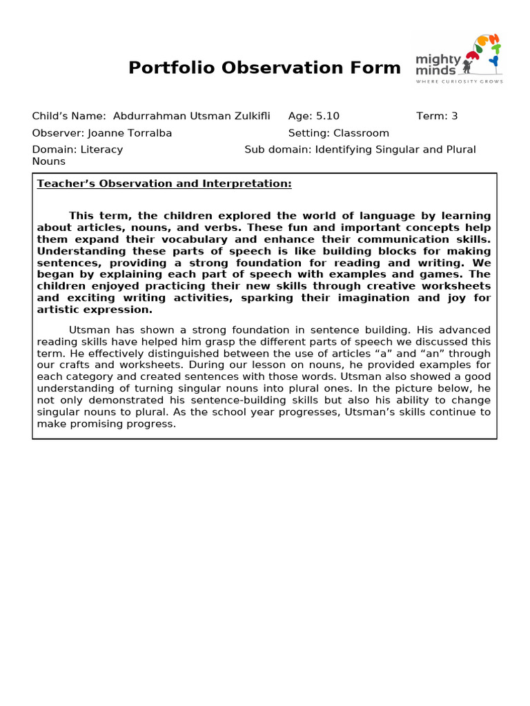K2 Joanne Literacy Observation Form | PDF | Part Of Speech | Noun