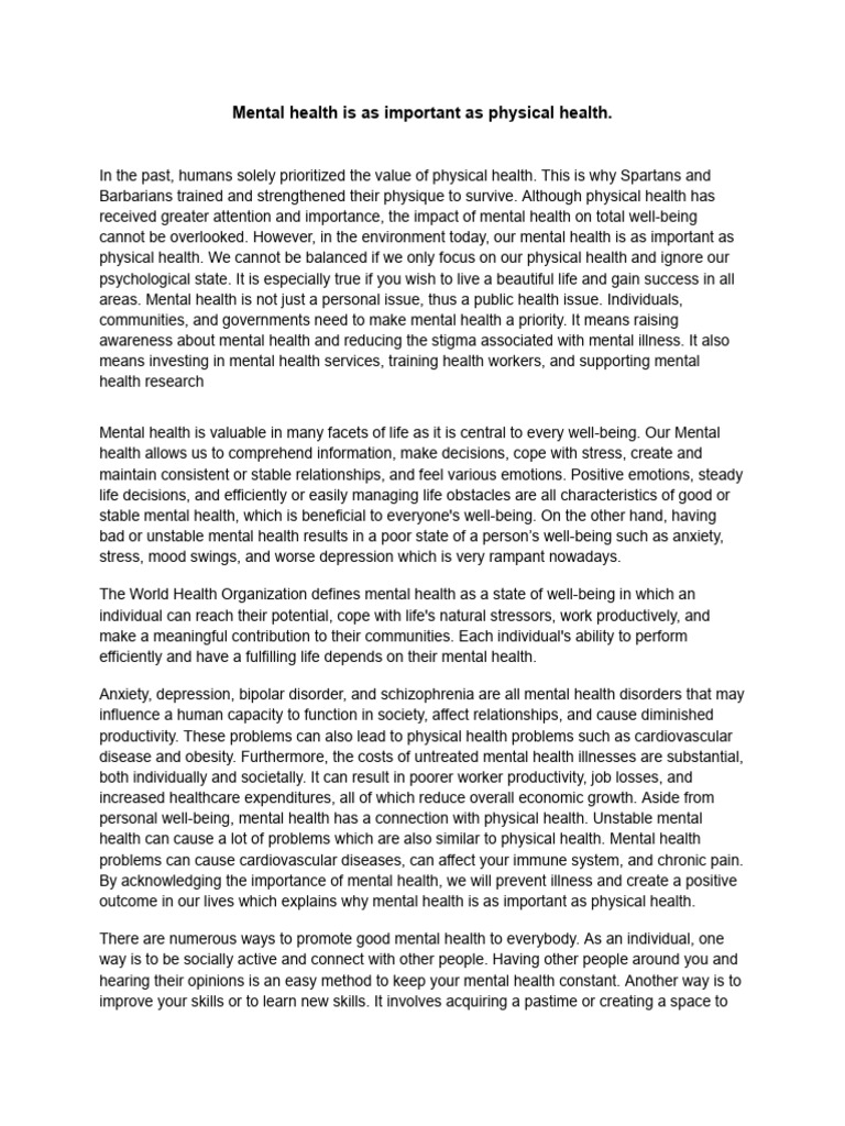 Mental health is as important as physical health | PDF | Mental Health ...