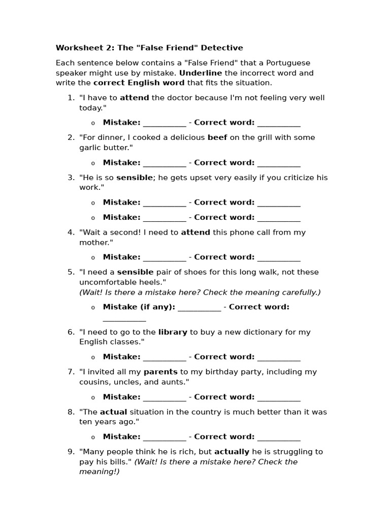 B1 Worksheet 2 False Friends | PDF
