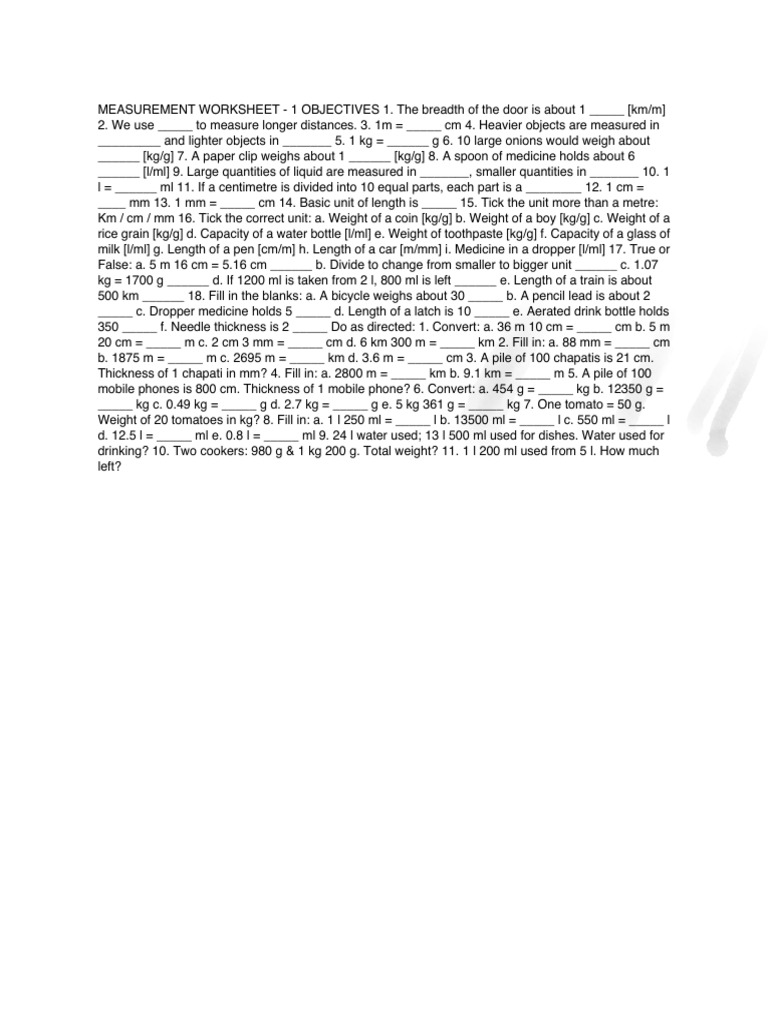 Measurement Worksheet | PDF