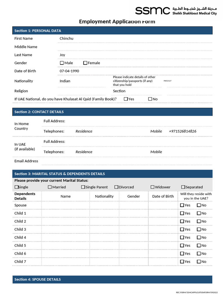 SSMC Employment Application Form | PDF