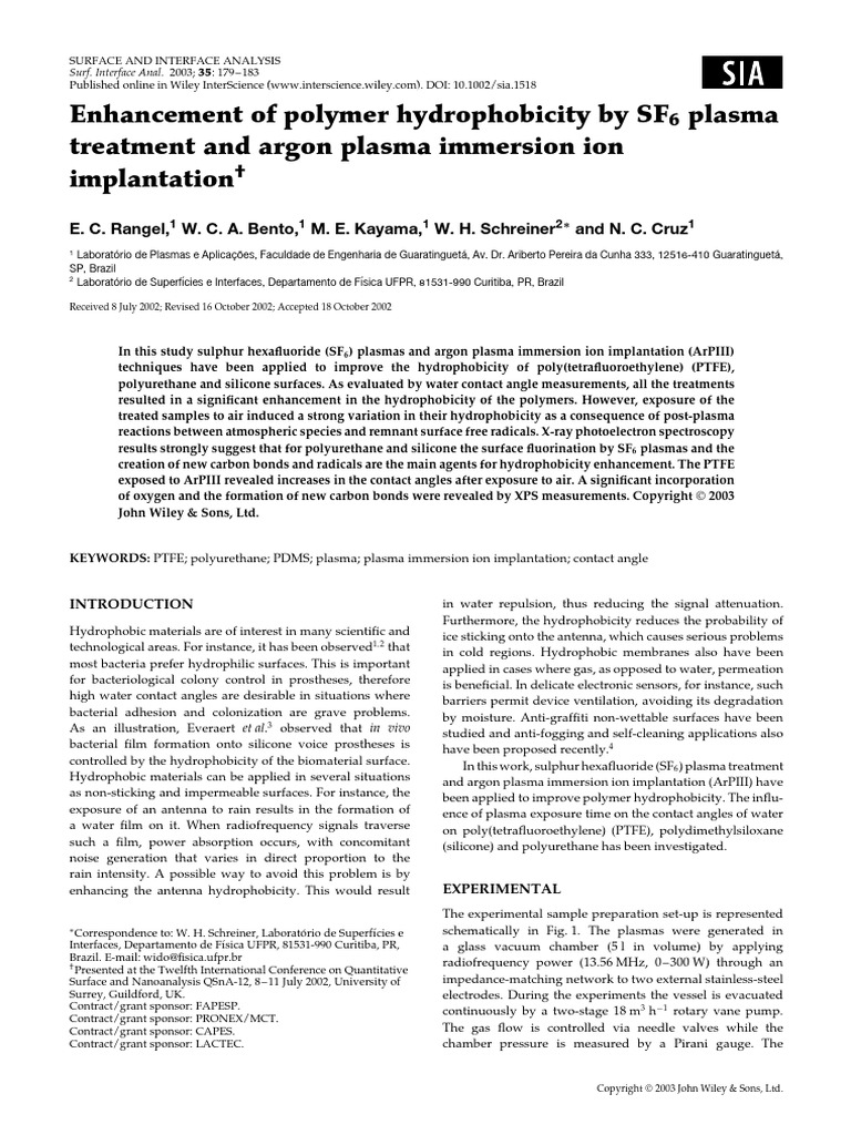 Enhancement of Polymer Hydrophobicity by SF6 Plasma Treatment and Argon ...