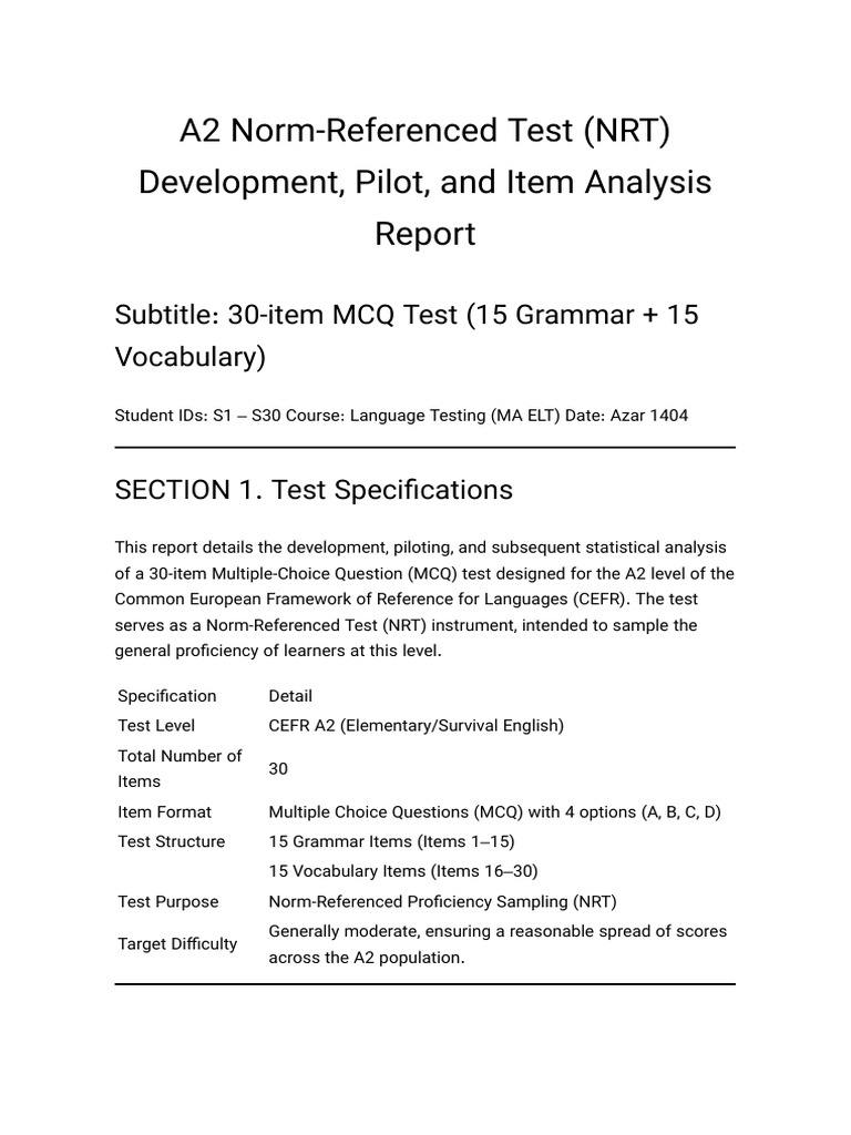 A2 NRT Test Development and Item Analysis Report - 1765491136545 | PDF ...