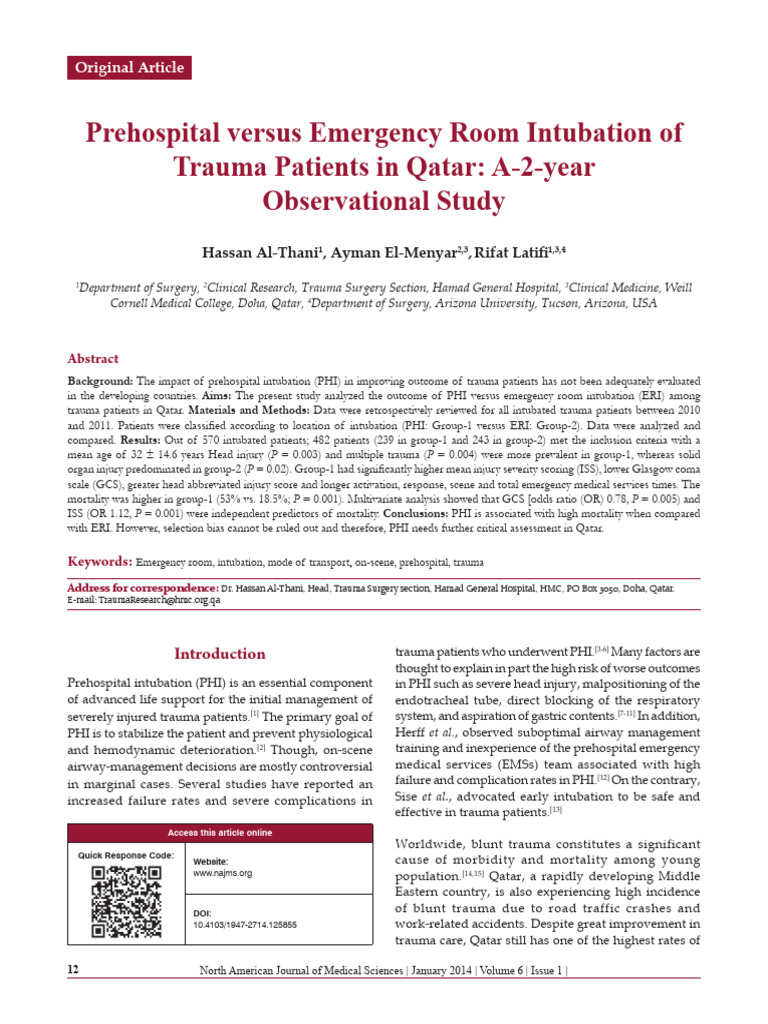 Prehospital Versus Emergency Room Intubation of Trauma Patients | PDF ...