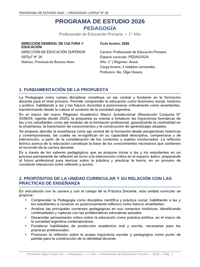 Programa Pedagogia 2026 ISFDyT26 | PDF | Pedagogía | Maestros