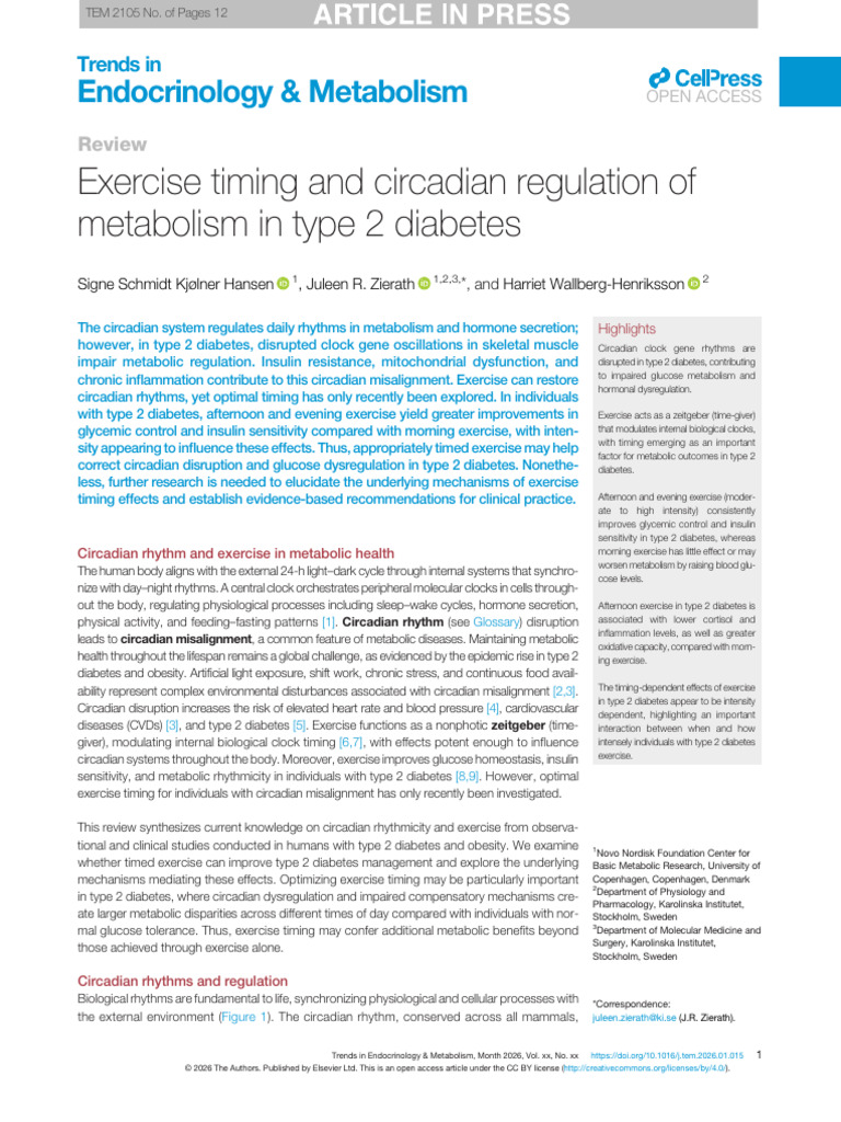 Exercise Timing and Circadian Regulation of Metabolism in Type 2 | PDF