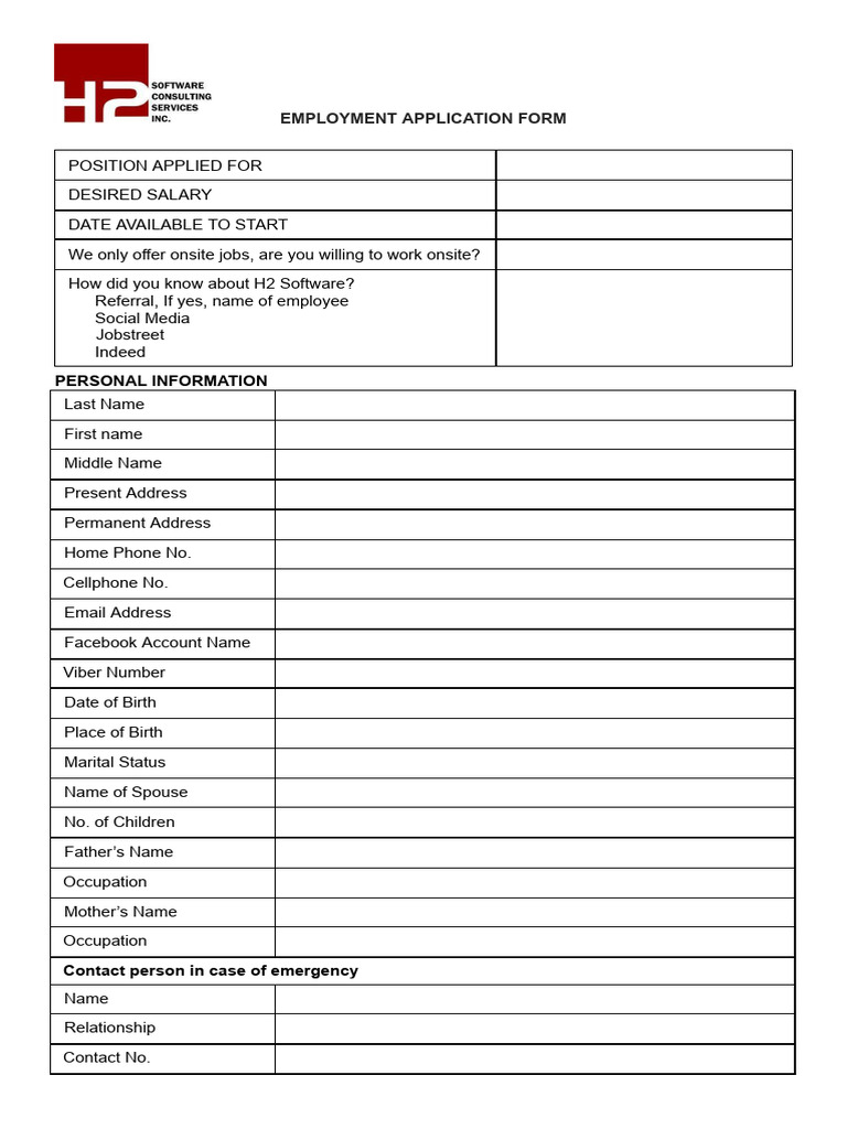 H2 Employment Application Form - Name | PDF | Software Engineering ...