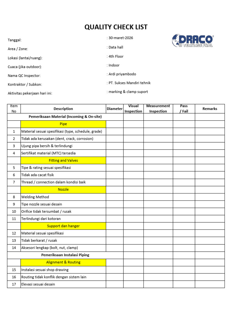 Dd-jkt01 Quality Checklist Subcontractor Welder (1) | PDF