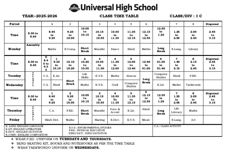 Class Timetable - I C | PDF