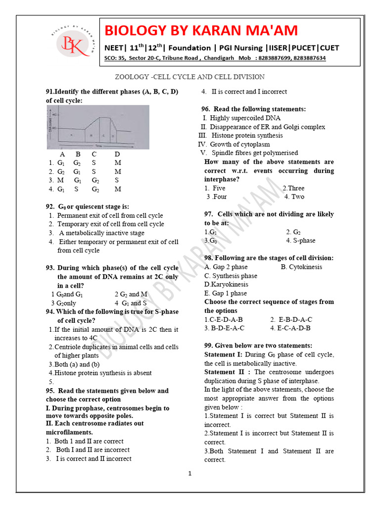 Test -9 Cell Division and Cell Cycle & Biological Classification | PDF ...