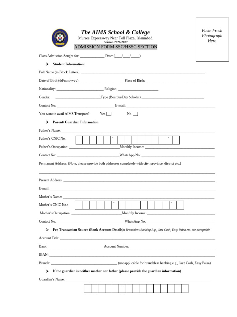 Admission Form 2026 (HSSC, SSC Section) v4 14Jan26 Final | PDF | Fee
