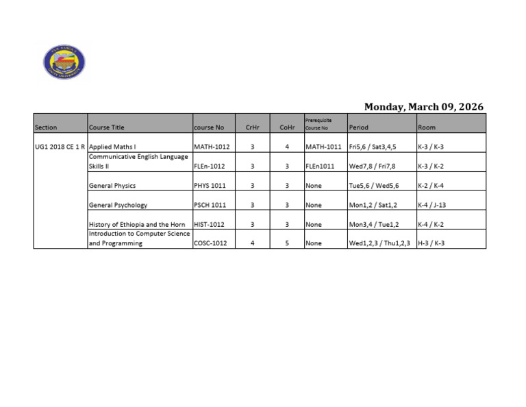 Revised Class Schedule for UG1 2018 CE 1R Student | PDF