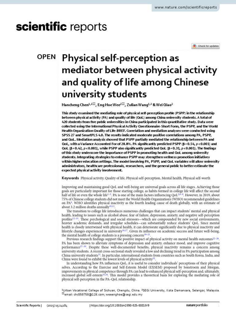 Physical Self-perception as Mediator Between Physical Activity | PDF ...