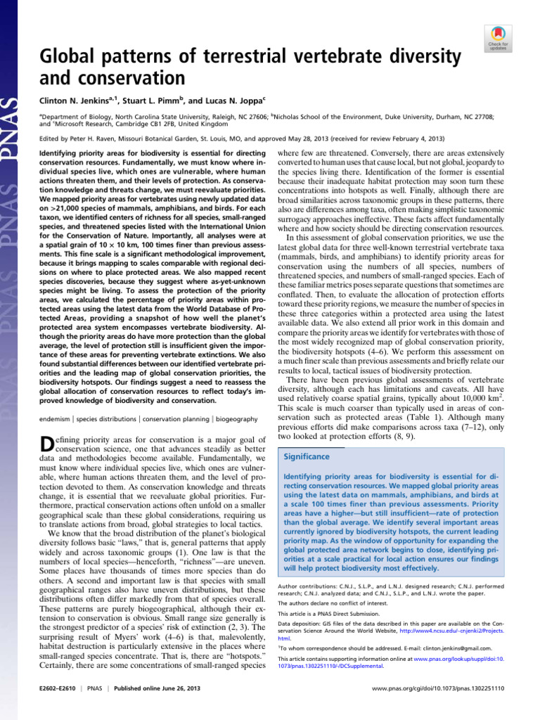 Jenkins Et Al 2013 Global Patterns of Terrestrial Vertebrate Diversity ...
