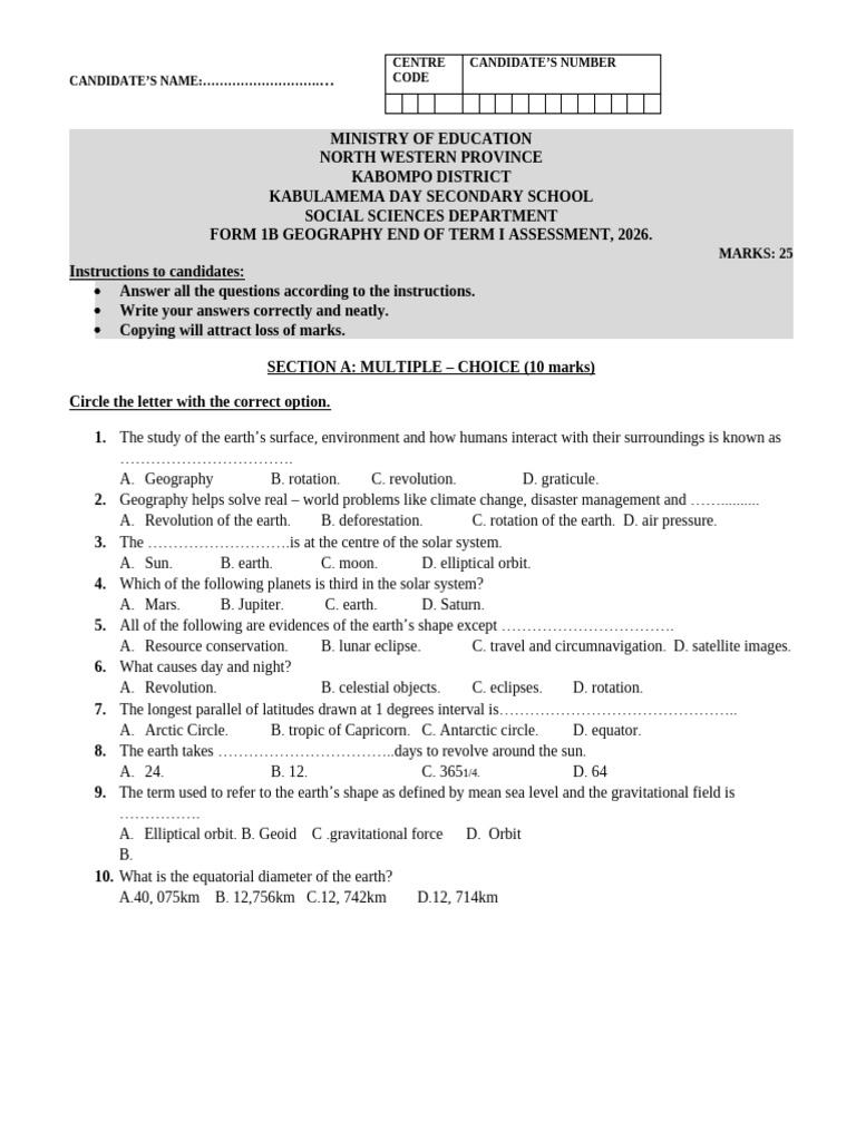 Form 1b End of Term i Test, 2026 | PDF | Equator | Earth
