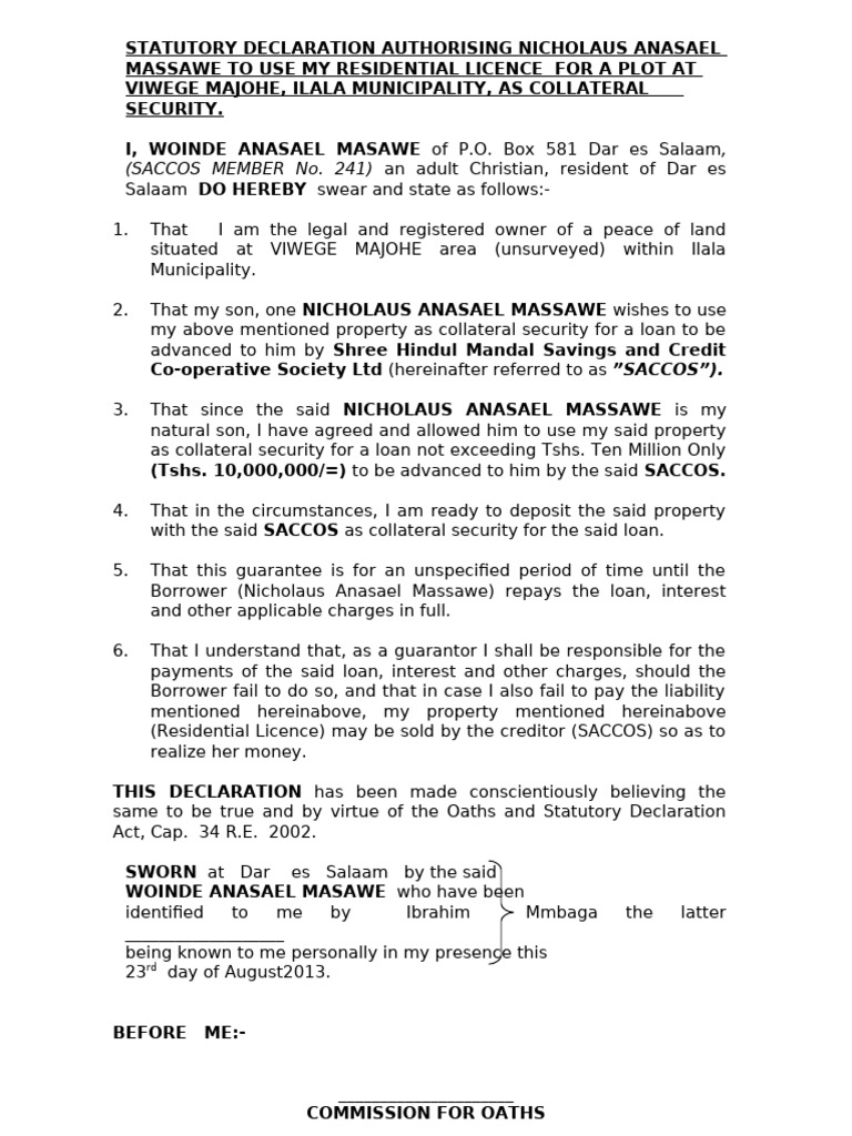 Statutory Declaration | PDF | Loans | Collateral (Finance)
