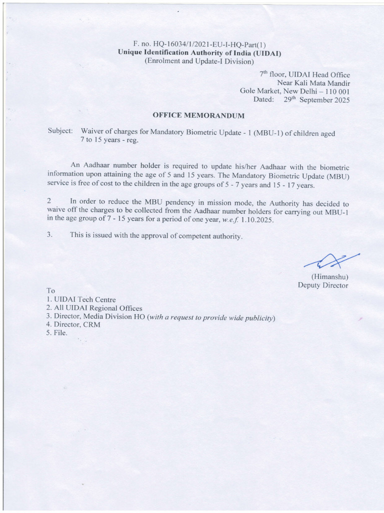 OM-Waiver of Charges For MBU-I of Children Aged 7 To 15 Years - Reg | PDF