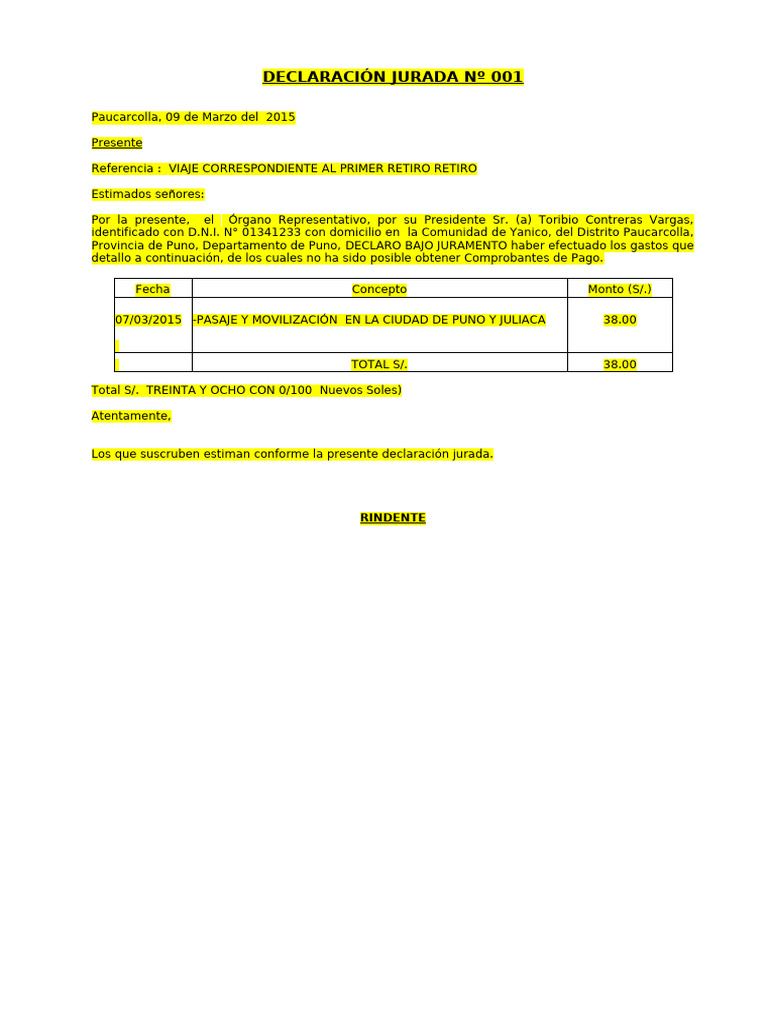 DECLARACIÓN JURADA NUCLEO | PDF | Práctica de la ley