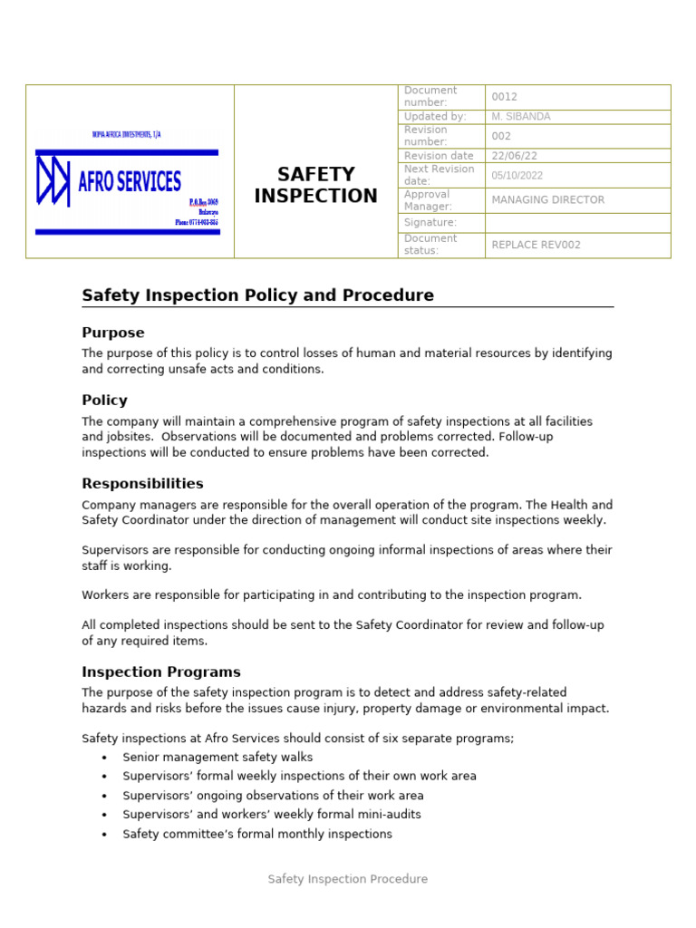 SHE Inspection procedure | PDF | Safety | Business