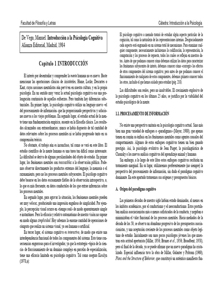 De Vega, M. Introducción a La Psicologia Cognitiva | PDF | Sicología ...
