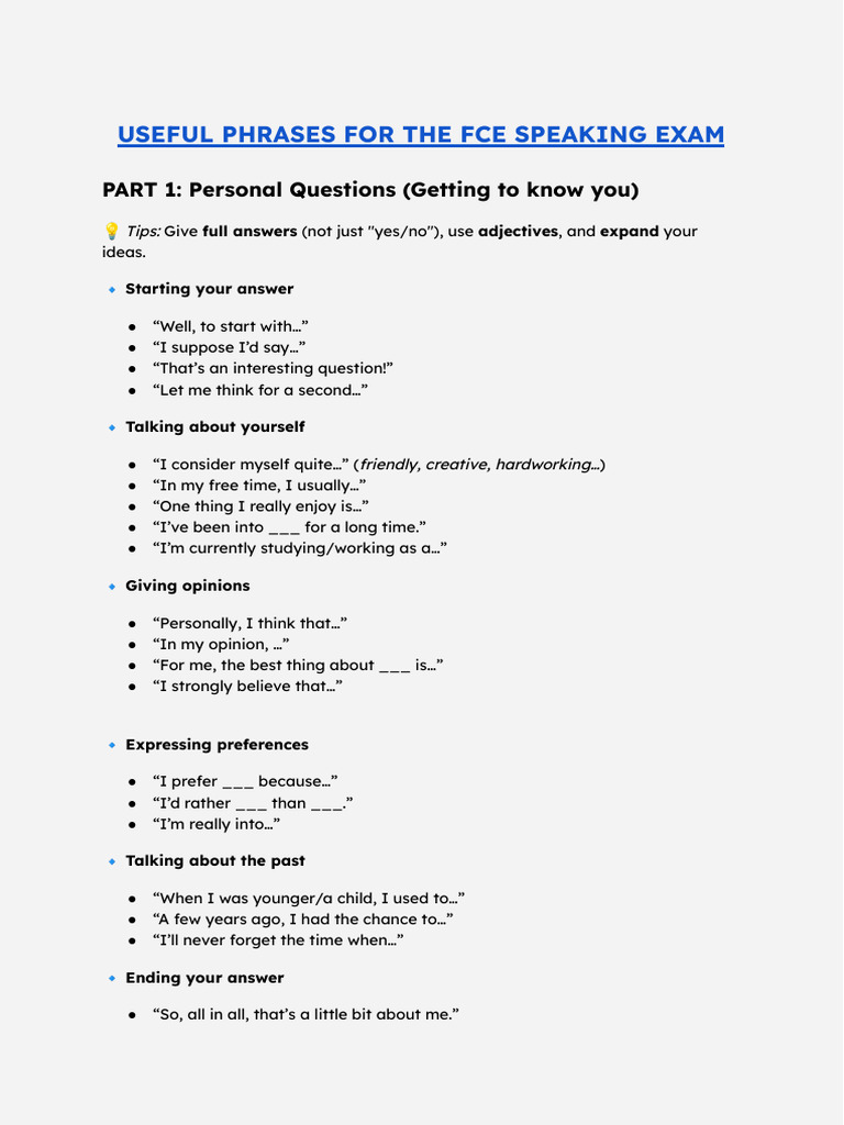 Useful Phrases for the Fce Speaking Exam | PDF | Linguistics
