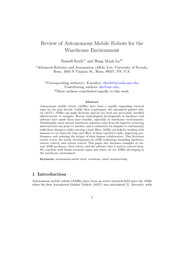 Review of Autonomous Mobile Robots for the Warehou | PDF | Lidar | Robot