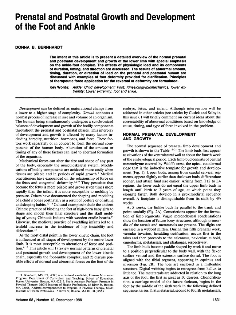 Prenatal and Postnatal Growth and Development of the Foot and Ankle ...