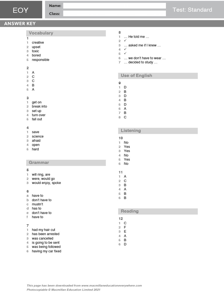 B1 End of Year Test Standard Answer Key | PDF | Linguistics | Human ...