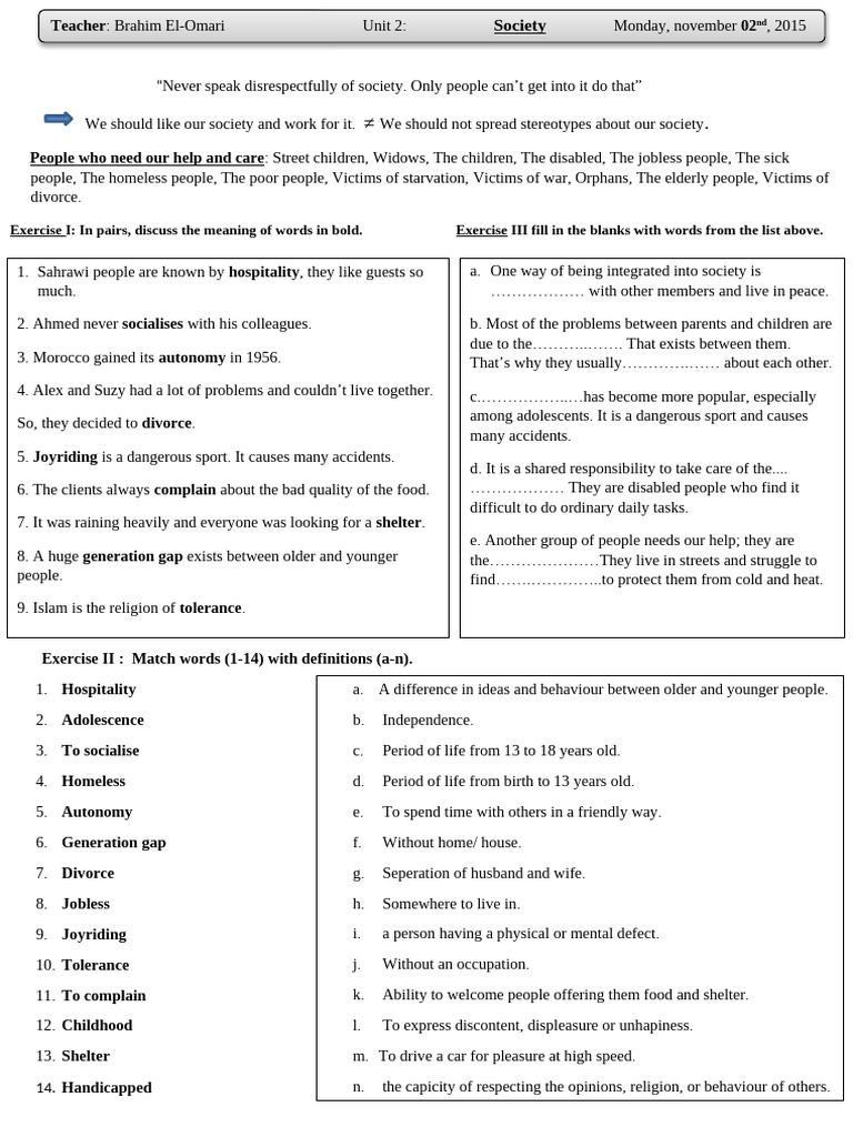 Unit 2 -Society- Vocabulary- Worksheet (1) | PDF