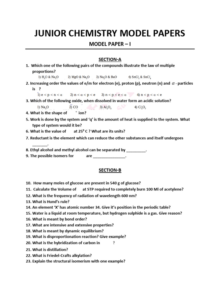 Junior Chemistry 1-10 Model Papers | PDF | Chemical Reactions | Molecules