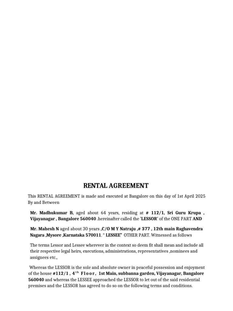 Mahesh RENTAL Agreement | PDF | Lease | Civil Law (Common Law)