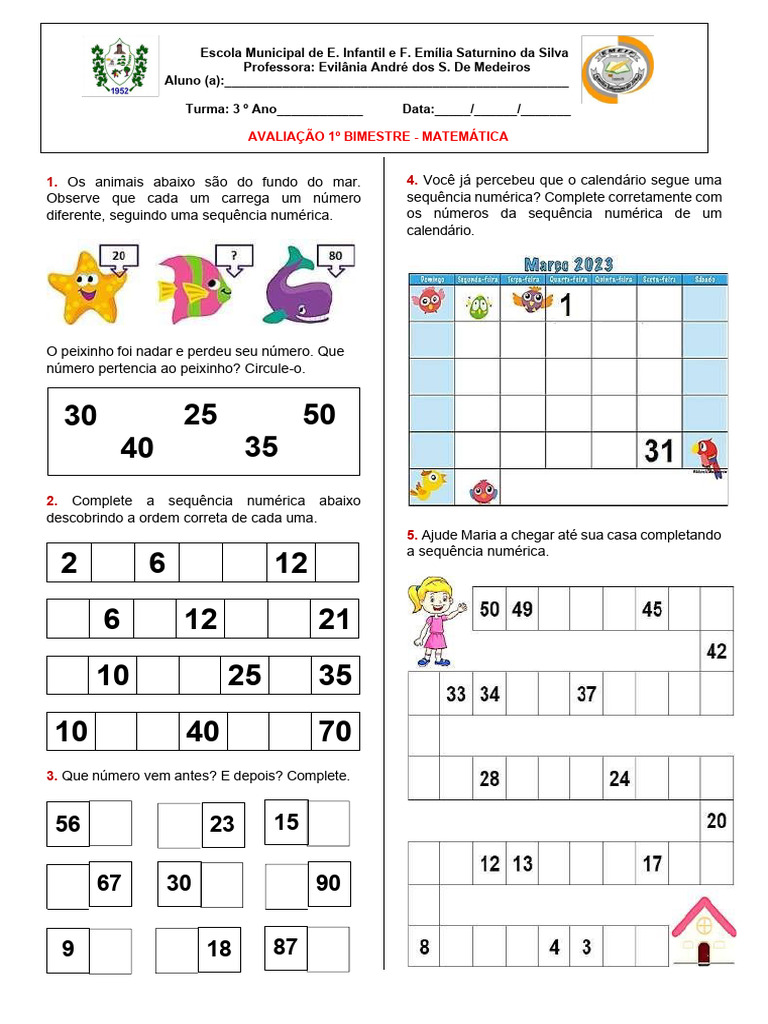 Avaliação de Matemática 3º Ano | PDF