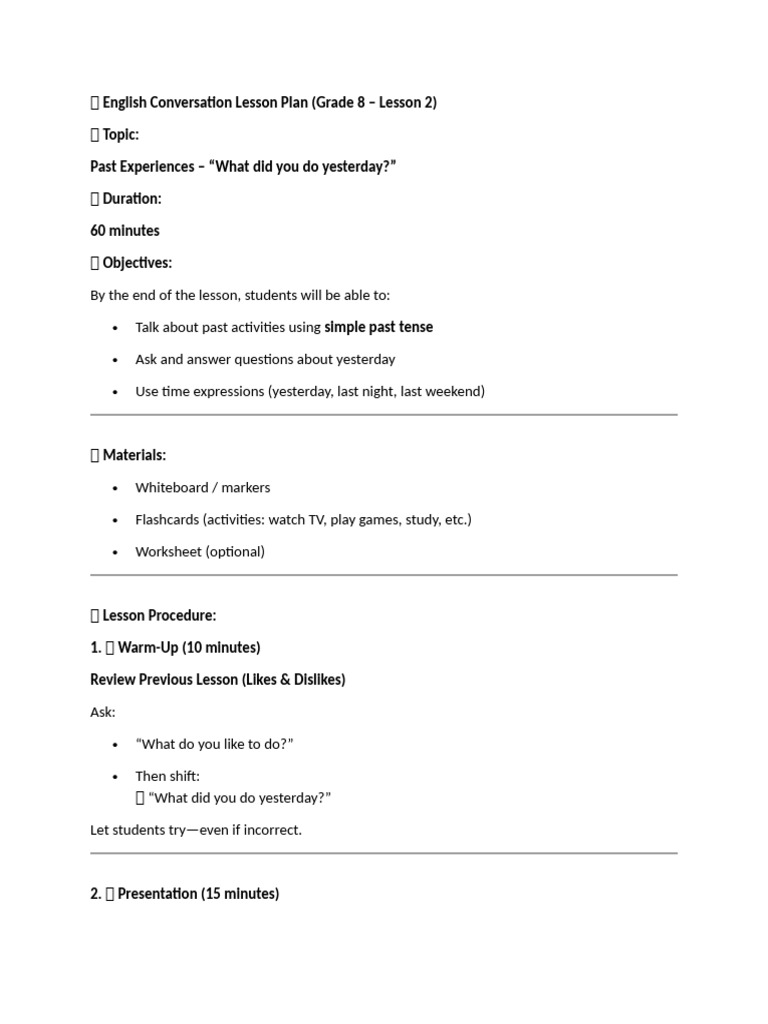 ? English Conversation Lesson Plan 2nd Session for El | PDF ...