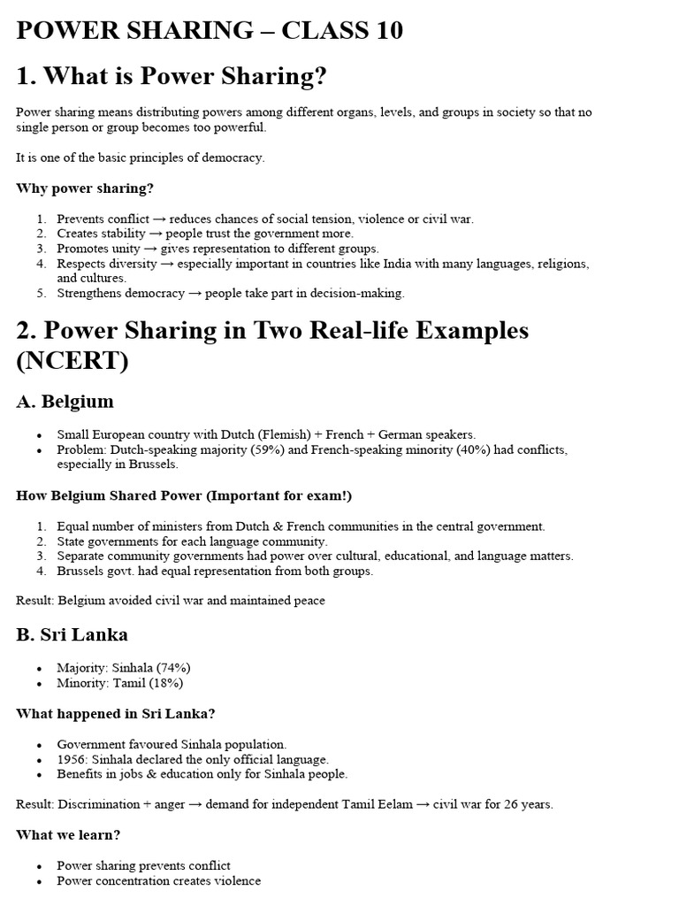 Power Sharing Notes class 10 | PDF | Minority Group | Decision Making