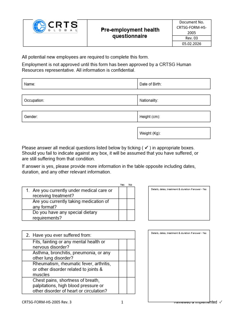 CRTSG-ForM-HS-1015 Rev3 - Pre Employment Health Questionnaire | PDF ...