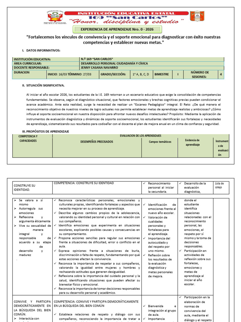 Unidad de Aprendizaje #0 Primer Año Año DPCC 2026 | PDF | Evaluación ...