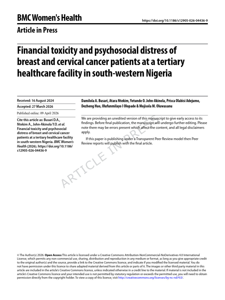 Financial Toxicity and Psychosocial Distress of Breast and Cervical ...