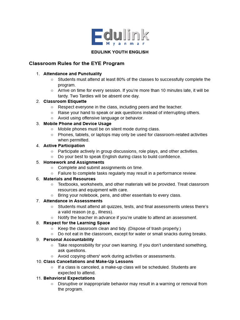 Classroom Rules for the EYE Program - Google Docs | PDF | Behavior ...