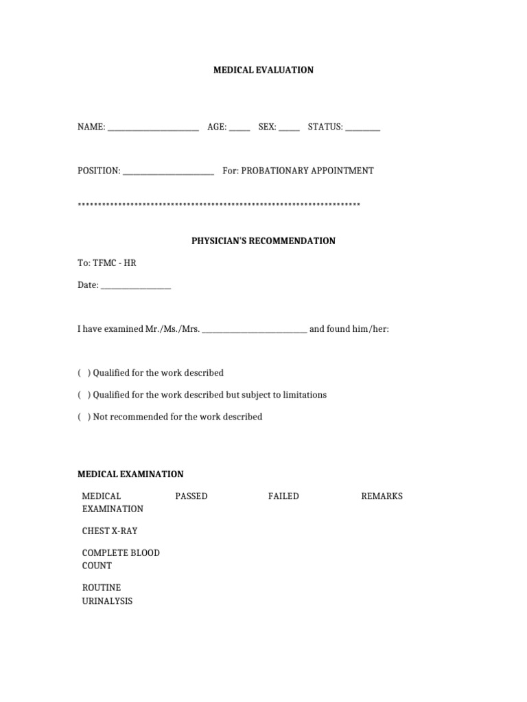 Medical Evaluation Form | PDF