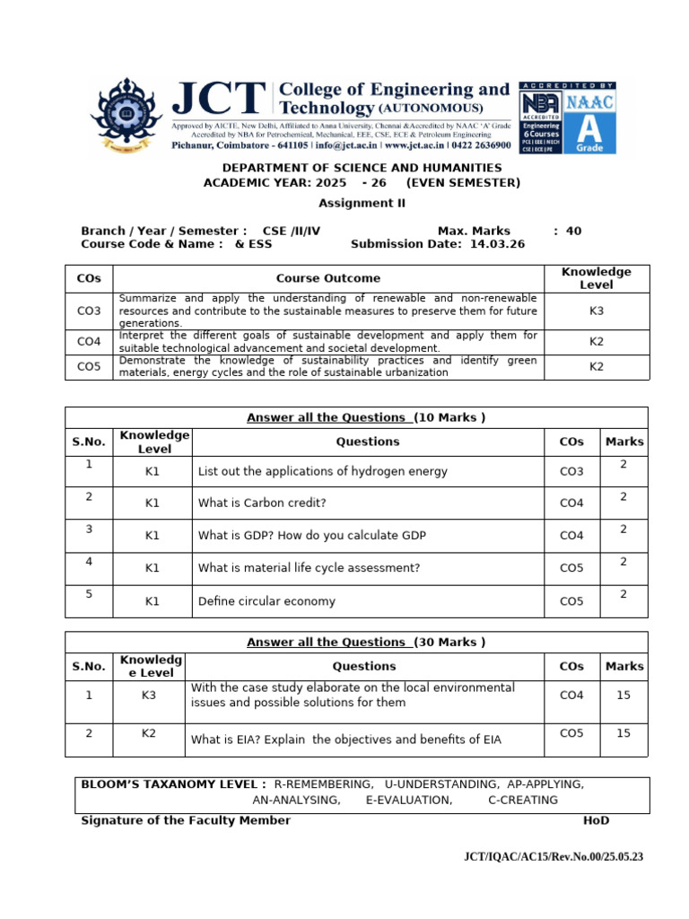 ESS .Assignment Question Paper | PDF | Natural Environment | Economy ...
