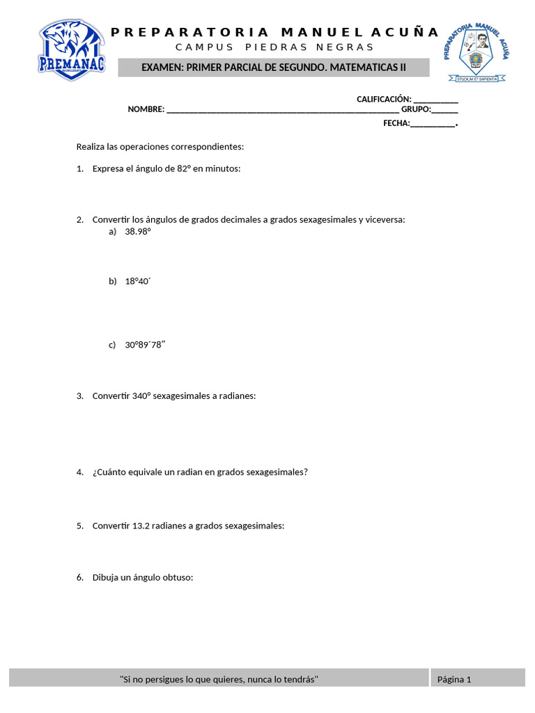 Examen U1. Mate II | PDF