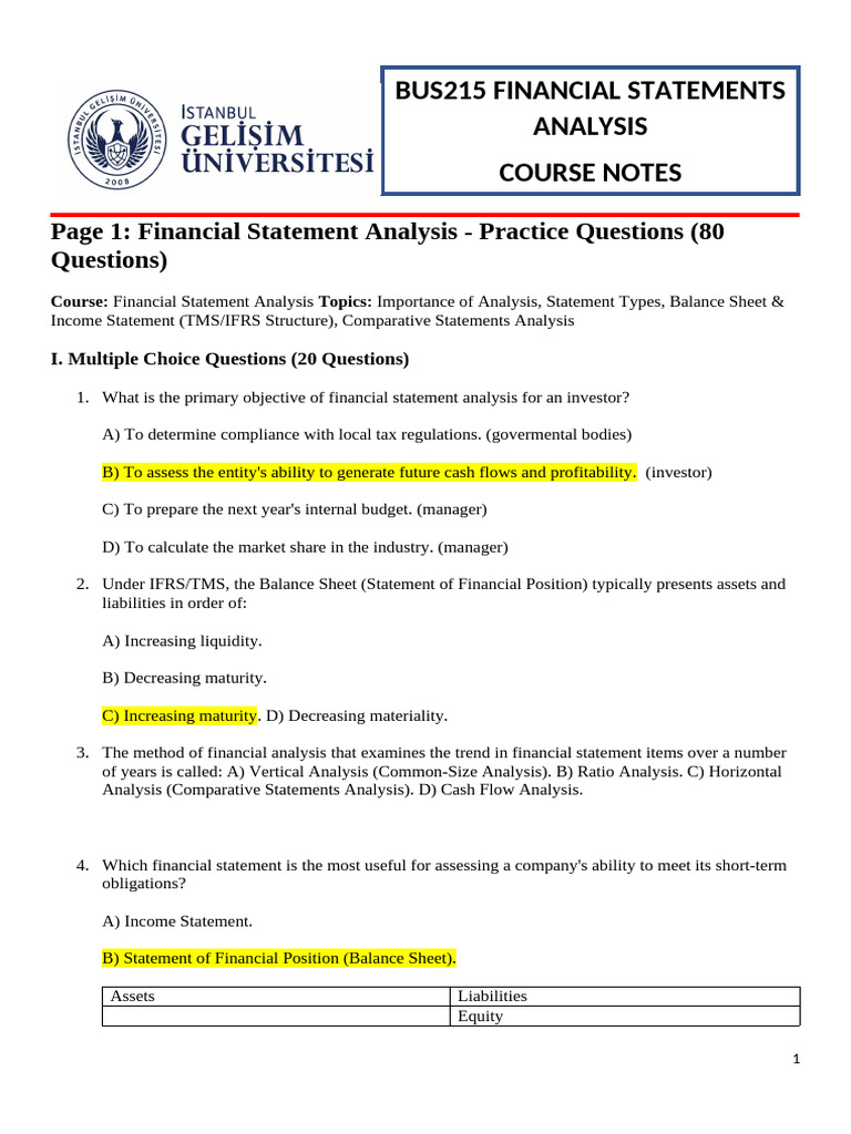 Financial Statements Analysis-Course Notes 3 1 | PDF | Balance Sheet ...